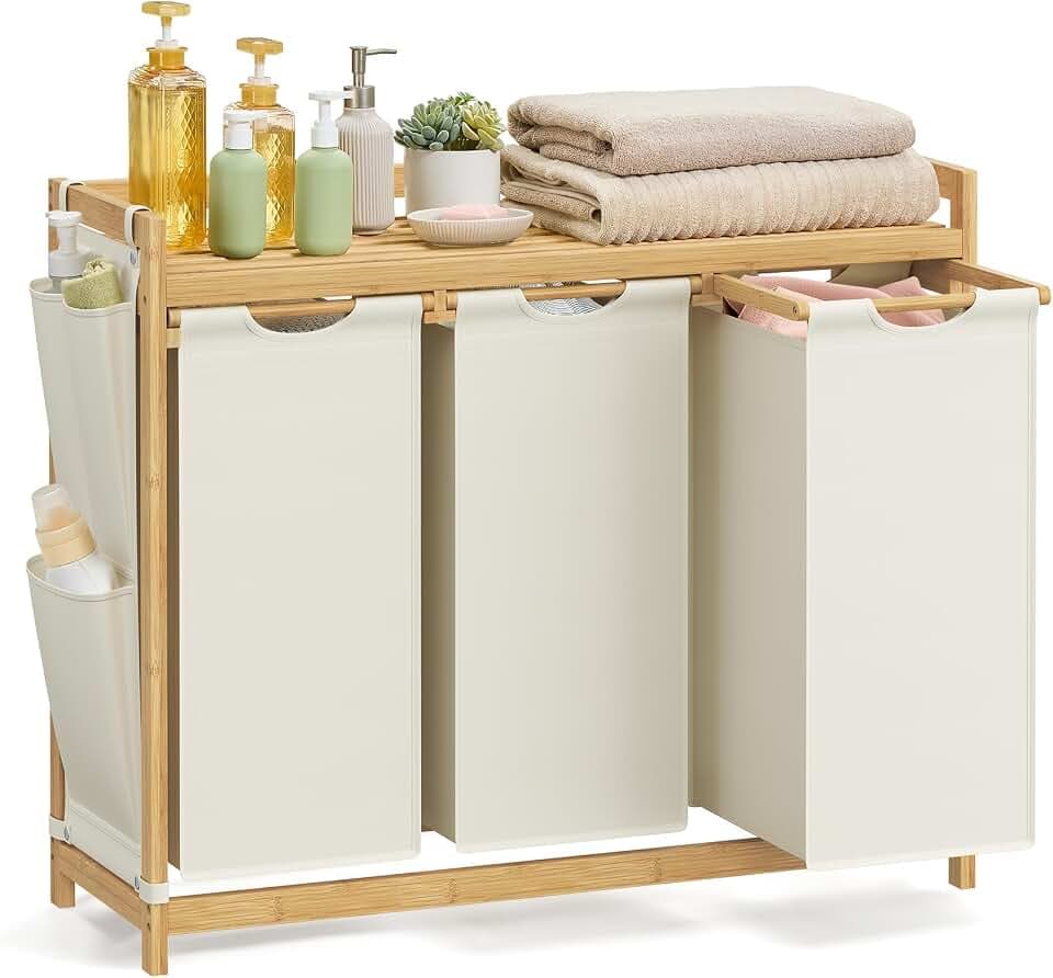 SONGMICS Wäschekorb 3 Fächer, Bambus, 150 L, mit 1 Ablage