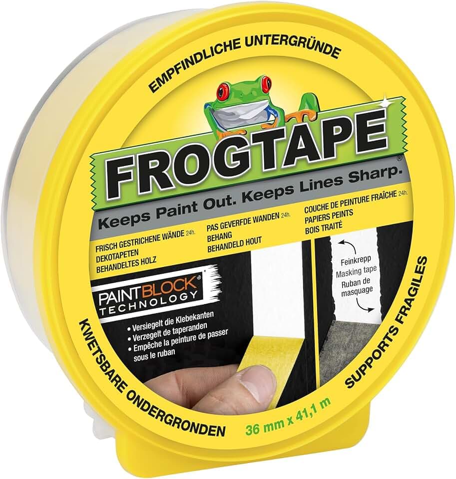 Frog Tape Maler-Kreppband für empfindliche Oberflächen, 36 mm x 41,1 m, Gelb Für Innenmalerei und Dekoration für scharfe Linien ohne Auslaufen von Farbe.