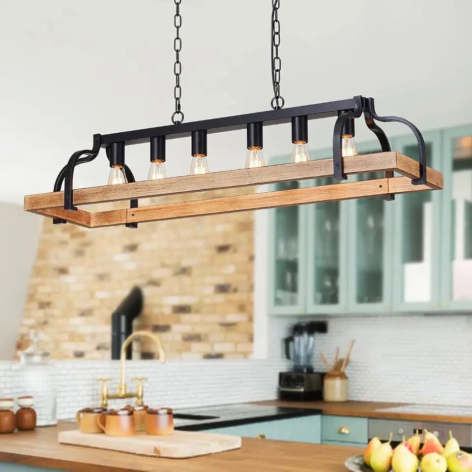 WUZUPS 6-Light Metal Pot Hanging Rack Chandelier Imitation Light Wood Grain Linear Pendant Ceiling Lighting Rustic Farmhouse Fixture Kitchen Island Dining Room, H 9.8" L 40.6" W11.8, E26 Base, Black