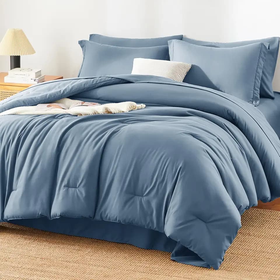 HIMEET Queen Comforter Set, 7-Piece Point-Quilted Bed in a Bag Dusty Blue