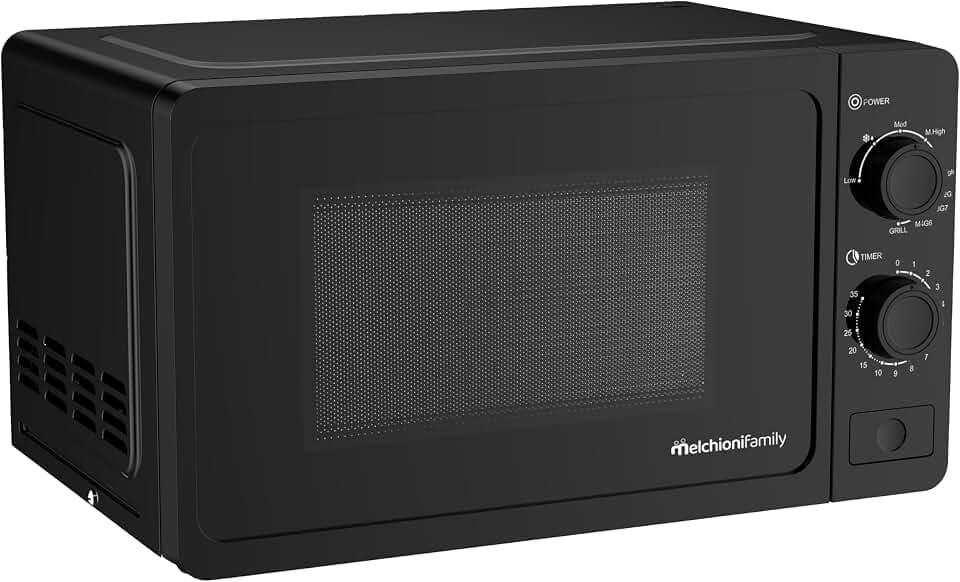 Melchioni Family Mikrowelle 20 l mit Grill – Wave – 800 W – Abmessungen 46 x 32 x 26 cm – Timer 1–35 Minuten – Glasplatte und Öffnung mit Knopf – Schwarz