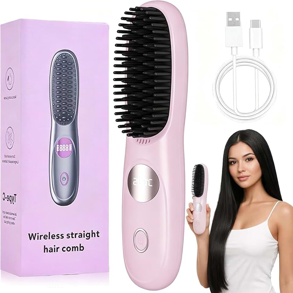 Stylingbürste für Kurze Haare,Glättbürste Kabellos mit LED Anzeige,Glättungskamm verhindert Haarziehen,25s Schneller Keramikerwärmung,3 Wärmestufen für Reisen,Haarfreundliches (Lila)