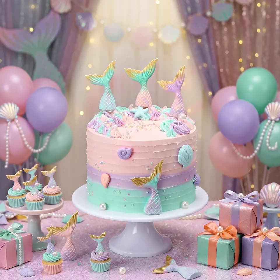 Remerry 6 Inch Bow Fake Cake Coquettish Birthday Fake Cake Decor Wedding Dessert Props Artificial Heart Dessert for Props Women Birthday Gift(Mermaid,6 Inch,Pastel)