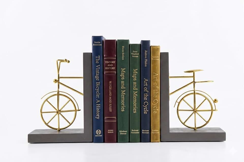 Fahrrad-Buchstützen, dekorative Buchstützen mit Rutschfester Rückseite, Holz-Metall-Buchständer für Bücherregal, Schreibtisch, 1 Paar, Goldbraun