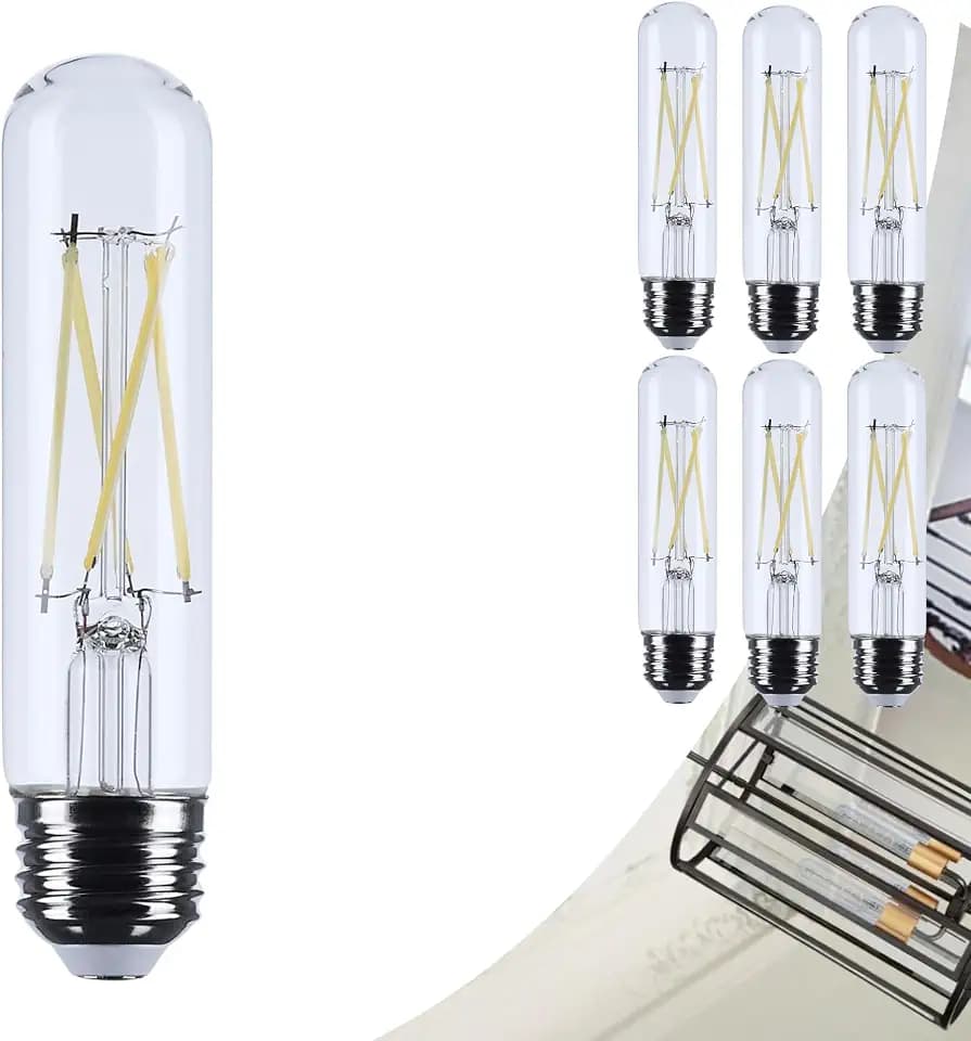 Satco 8W T10 LED Filament Light Bulbs 3500K Neutral White 800 Lumens Clear 300 Degree Beam E26 Medium Base 92 CRI Dimmable Wet Rated IP65 Enclosed Fixture Rated 120V S12525 (6 Pack)