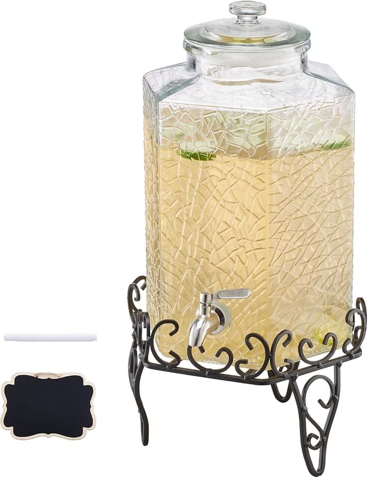 VEVOR Getränkespender (1 x 10 L) für Partys Saftspender (aus Glas) mit tropfsicherem Zapfhahn & Metallständer Wasserspender für Restaurants Partys, Limonade Eistee selbstgemachte Getränke Spender