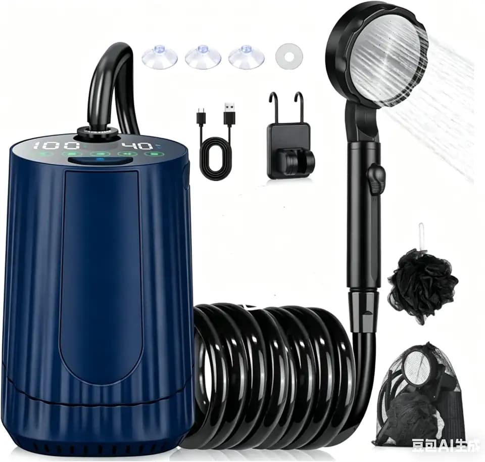 Portable Shower for Camping, 8000mAh Rechargeable Camp Shower Pump, LED Display Temp & Power, 5 Pressure Settings, 4 Spray Modes (+Spray Gun), IPX8 Waterproof, Ideal for Outdoor, Beach, Pet, Car Wash