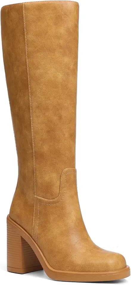 Uacllcau Knee High Boots Women Wide Calf Platform Boots for Women Square Toe Chunky Block Heeled Riding Tall Long Boot Comfortable Trendy