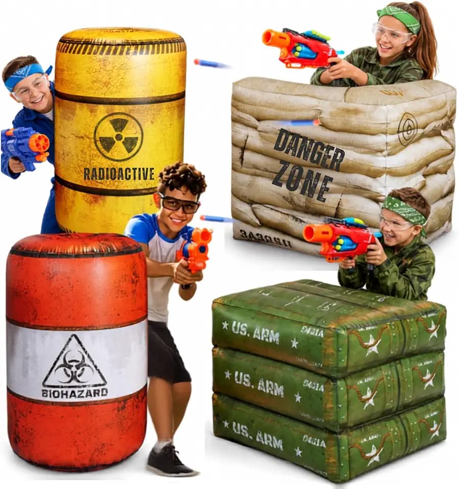 Premium Package 4 Combat Battlefield Inflatables, Compatible with Nerf, Laser tag, Water Gun for Boys Birthday Party Activities and Decoration