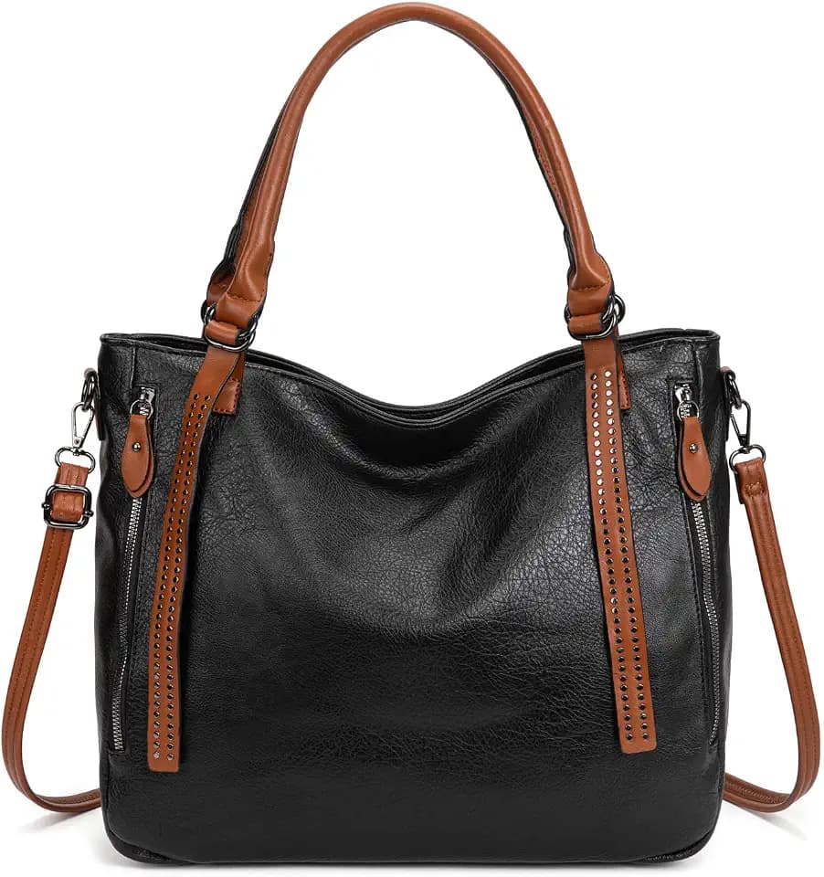 myfriday Vintage Slouchy Tote Bag for Women, Large Vegan Leather Hobo Shoulder Bag Satchel Purse with Adjustable Strap