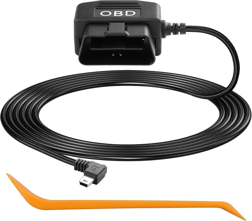 CERRXIAN OBD Power Cable for Dash Camera, OBD to Mini USB OBD Adapter Hardwire Charger Cable 24 Hours Surveillance/Acc Mode with Low Voltage Protection 12-24V to 5V 3A (11.5FT) (Right Angle mini USB)