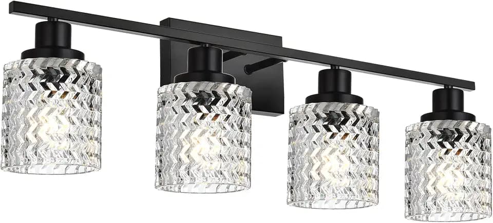 MELUCEE 4 Lights Black Bathroom Light Fixtures with Hammered Glass Shade