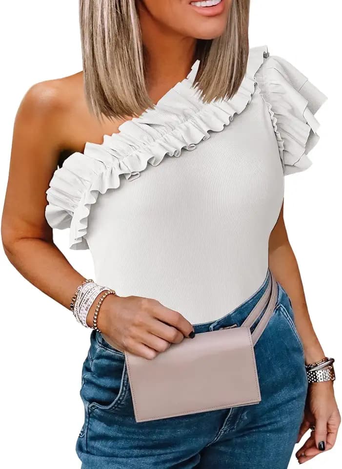 Womens One Shoulder Shirts Ruffle Sleeve Slim Fit Knitted Ribbed Summer Top