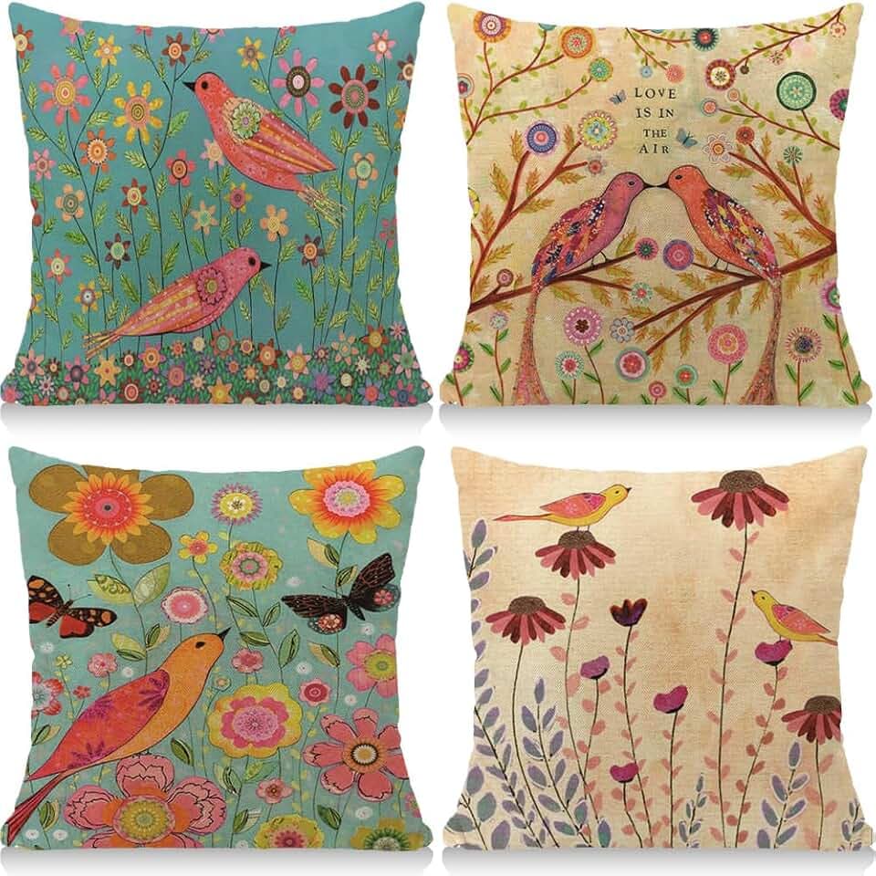 Wasserdichte Kissenbezug 4 Stück 45 x 45 cm Dekorative Outdoor Kissen Wasserfest Atmungsaktiv Vögel und Blumen Kissenbezug Werden für Sofakissen Garten Outdoor