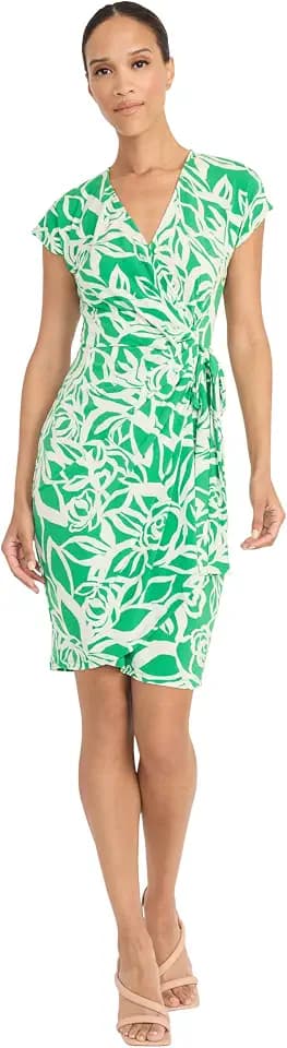 Maggy London Women's Women's Midi Length Cap Sleeve Wrap Dress with Fitted Waist - Elegant a Line Dress