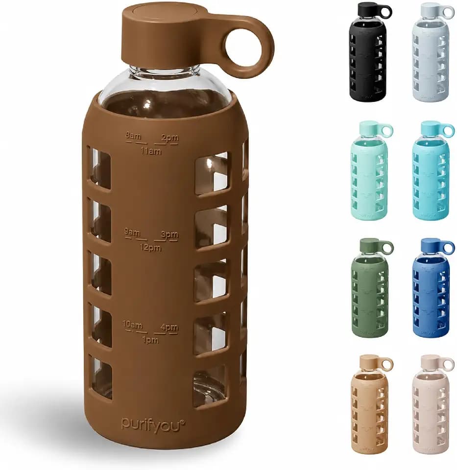 purifyou 40oz / 32oz / 22oz / 12oz Borosilicate Glass Water Bottle with Time & Volume Markers, Silicone Sleeve, Stainless Steel Lid | Reusable Glass Bottle for Water & Juice