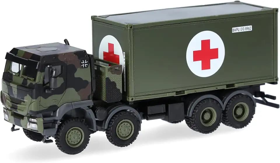 Herpa Military LKW Modell Iveco Trakker 8x8 LKW mit 20 ft. Container „Bundeswehr“, Miniatur im Maßstab 1:87, Sammlerstück, Made in Germany, Kunststoff