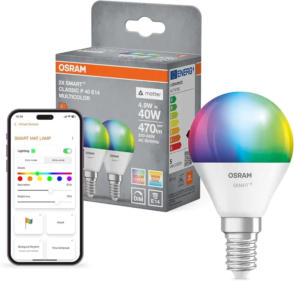 Osram SMART+ Tropfen mit Matter over Wifi, Vorteilspack mit 2 Stück, E14-Sockel, 9W, 16 Mio RGB-Farben, warmweiß-tageslichtweiß (2700-6500K), funktioniert mit Alexa, Google und Apple, 2er-Pack