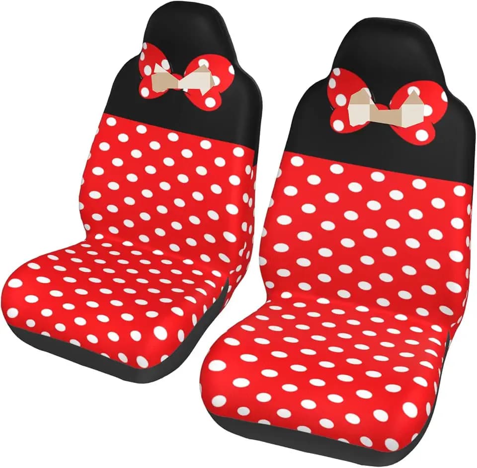 Red Black Polka Dot Bow Car Seat Covers Set of 2, Waterproof Front Seat Covers Universal Fit for Most Cars, Suvs, Trucks,Pets,Cute Spills Non-Slip Backrest Vehicle Interior Decor