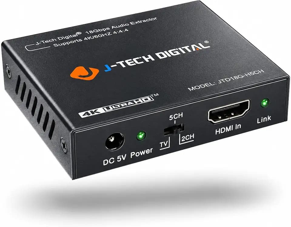 4K 60Hz HDMI Audio Extractor Converter SPDIF + 3.5MM Output Supports HDMI 2.0, HDCP 2.2, 1080P@120Hz, 1080P@144Hz, Dolby Digital/DTS Passthrough CEC, HDR10 by J-Tech Digital [JTD18G-H5CH]