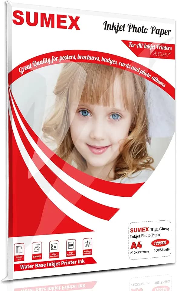 Sumex 100 x A4 Inkjet Premium Fotopapier 120g Hochglänzend, Sofort Trocken und Wasserfest