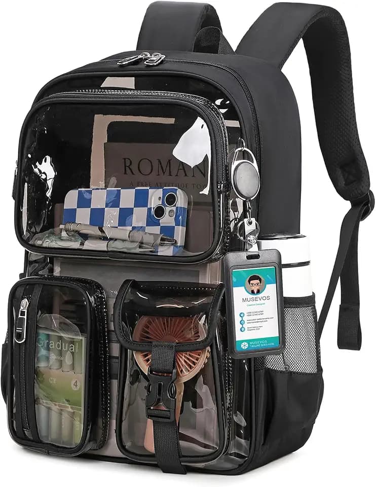 MUSEVOS Clear Backpack for School, Heavy Duty Clear Bookbag for Girls Boys Transparent Backpack with Badge Holder, Semi-Black