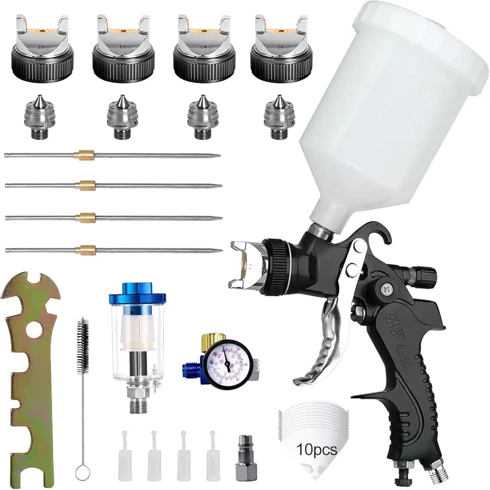HVLP Spritzpistole mit 4 Düsen 1,4mm 1,7mm 2,0mm 2,5mm Druckluft mit 600 ml Plastikbecher und Luftdruckregler, Drehbare Düse, Geeignet für Möbel, Autos, Wände