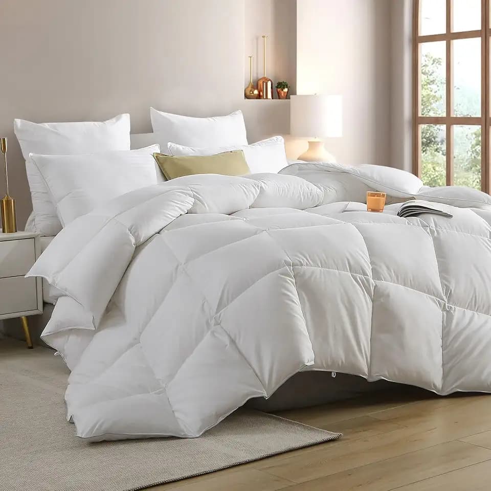 Hotel Luxury Feather Down Comforter California King, Medium Warm All Season Duvet Insert, Silky Soft Egyptian Cotton Blend Cover, Ethically Sourced Feather Down Filled, 104x96 Inch, White