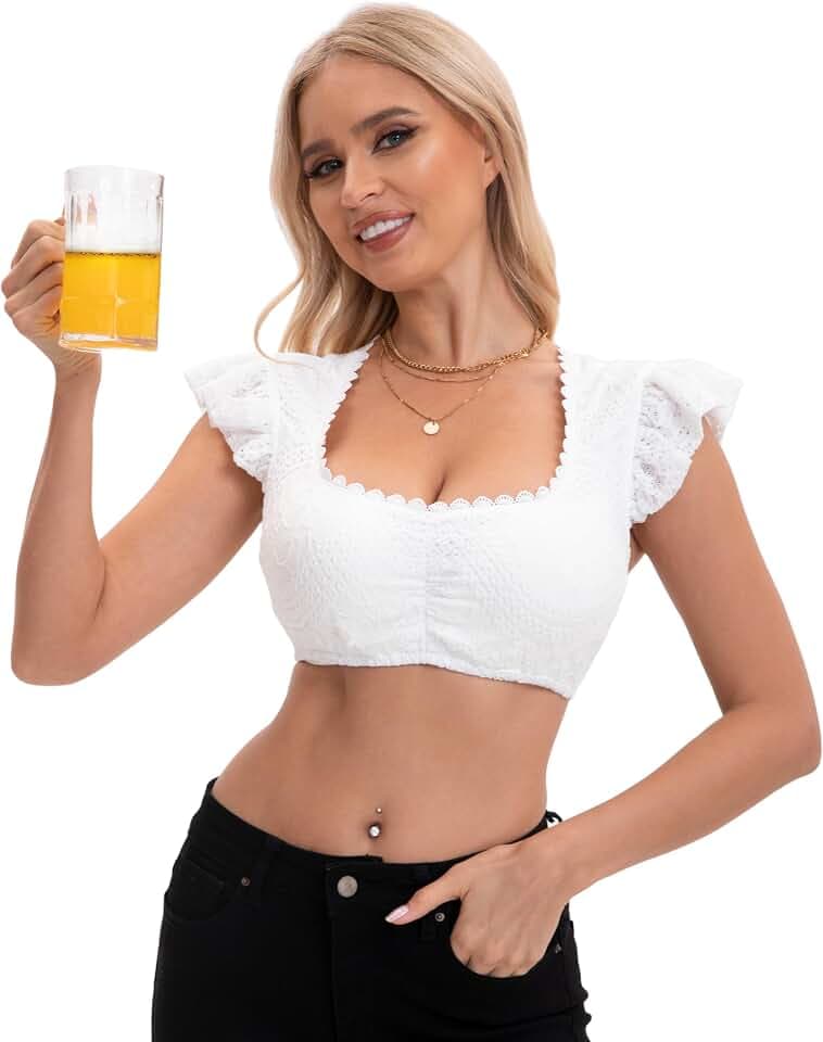 Damen Dirndl Bluse Spitze Dirndlbluse Flügelärmel Gerader Ausschnitt Trachtenbluse Damen Weiß Bayrische Oktoberfest Tracht