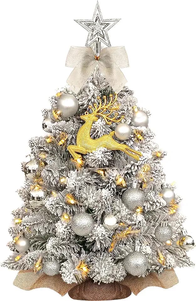 Mini Weihnachtsbaum mit Beleuchtung, künstlicher Kleiner Weihnachtsbaum,Christbaum 60cm,vorbeleuchteter Tisch-Weihnachtsbaum mit 19 Dekorationen,für Tisch,Schreibtisch