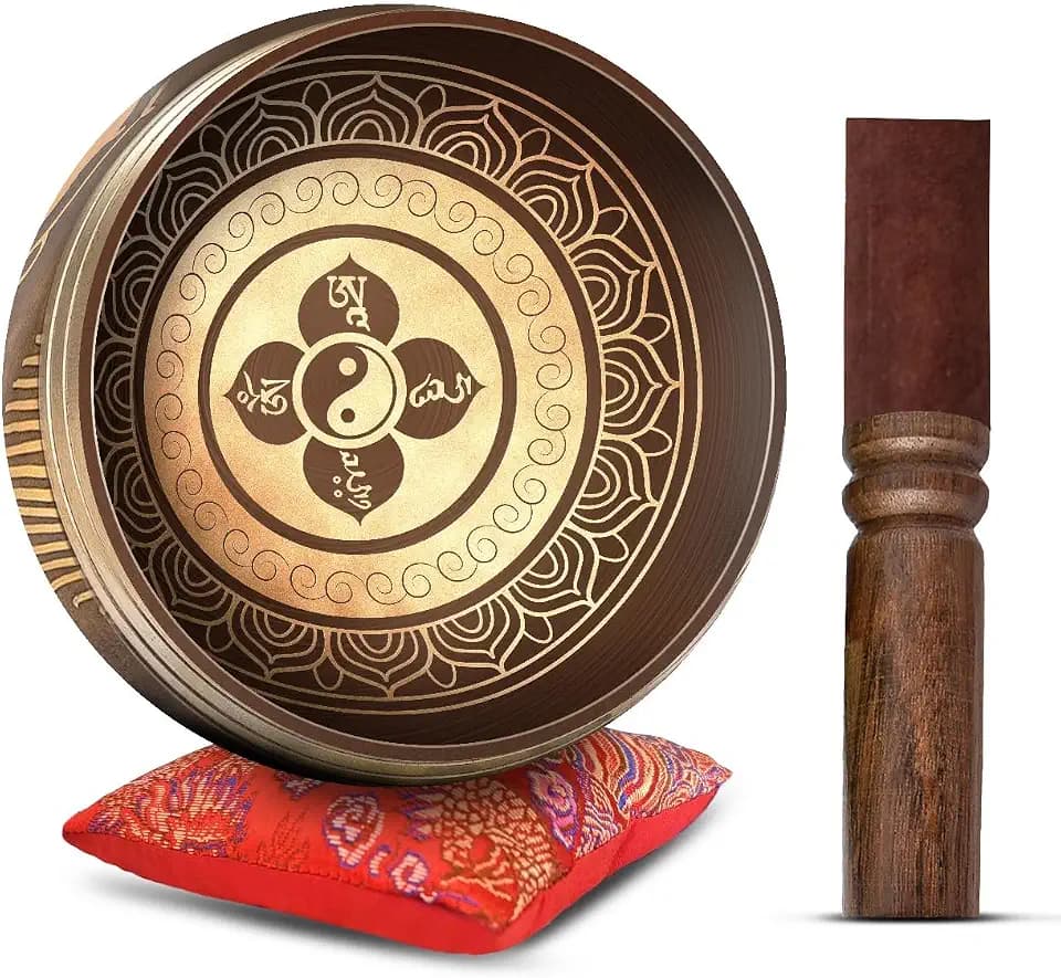 HIMALAYAN BAZAAR Tibetisches Klangschalen-Set – einfach zu spielen, authentisch handgefertigt für Meditation, Klangschale, Chakra, Yoga, Heilung, 10,2 cm (Braun - Kastanienbraun)