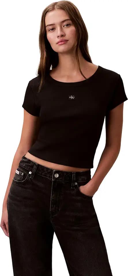 Calvin Klein Damen T-Shirt Kurzarm Woven Label Rib Baby Tee mit Rundhalsausschnitt, Schwarz (Black), 2XS