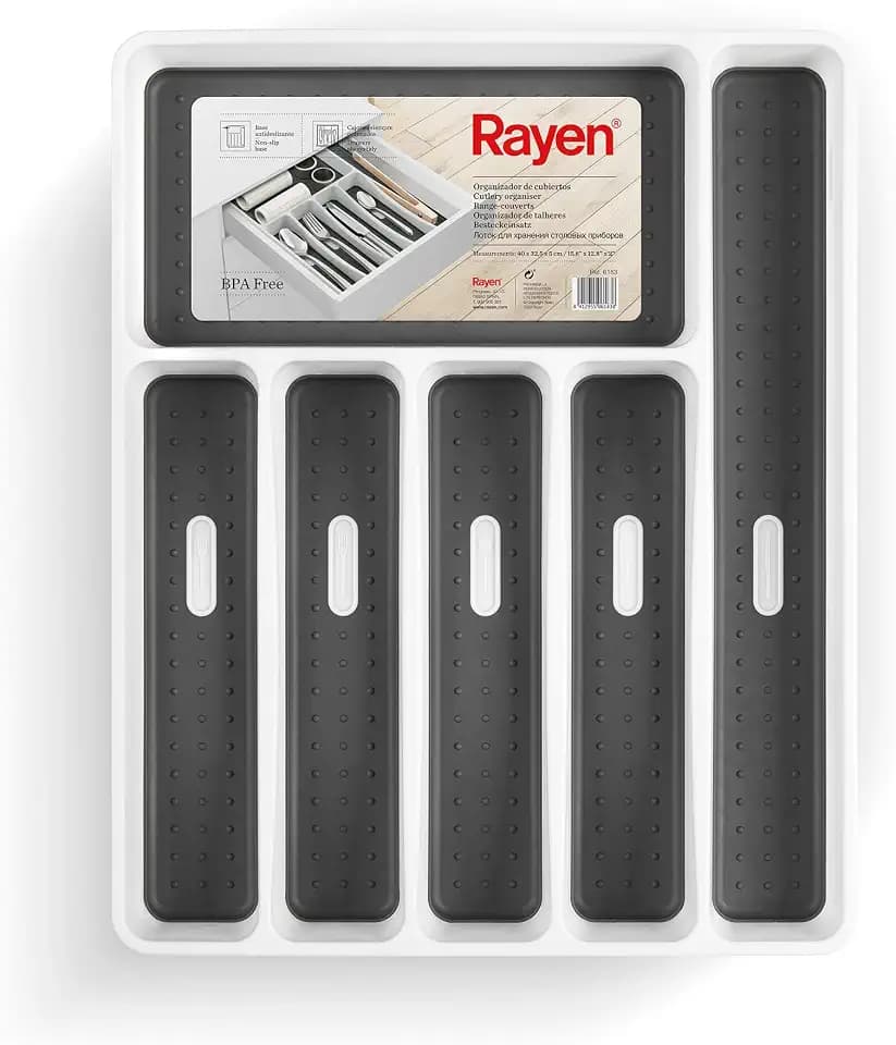 Rayen | Besteck-Organizer | 6 Fächer | Schubladenorganizer für die Küche | Anti-Rutsch-Füße | Polypropylen | Weiß | Maße: 40x32.5x5 cm