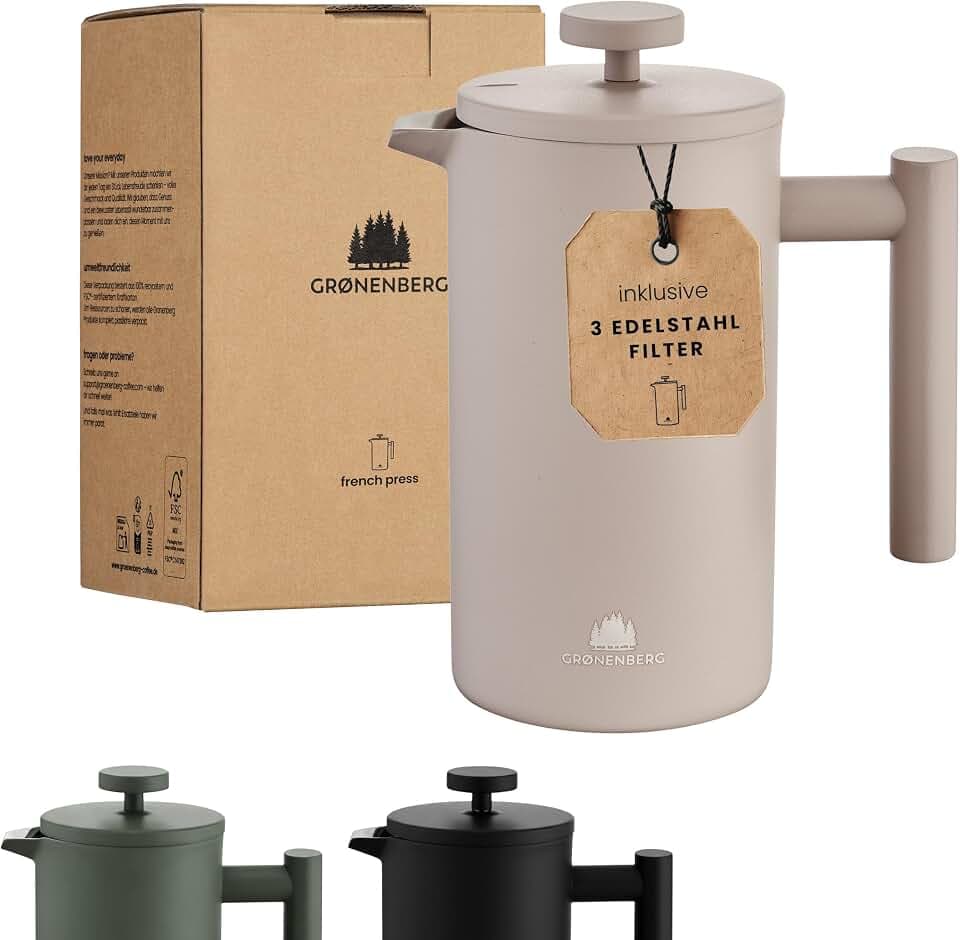 Groenenberg French Press Earth 600 ml o. 1 Liter I Hochwertige Kaffeepresse mit Thermo Warmhalte-Funktion I Edelstahl Kaffeebereiter