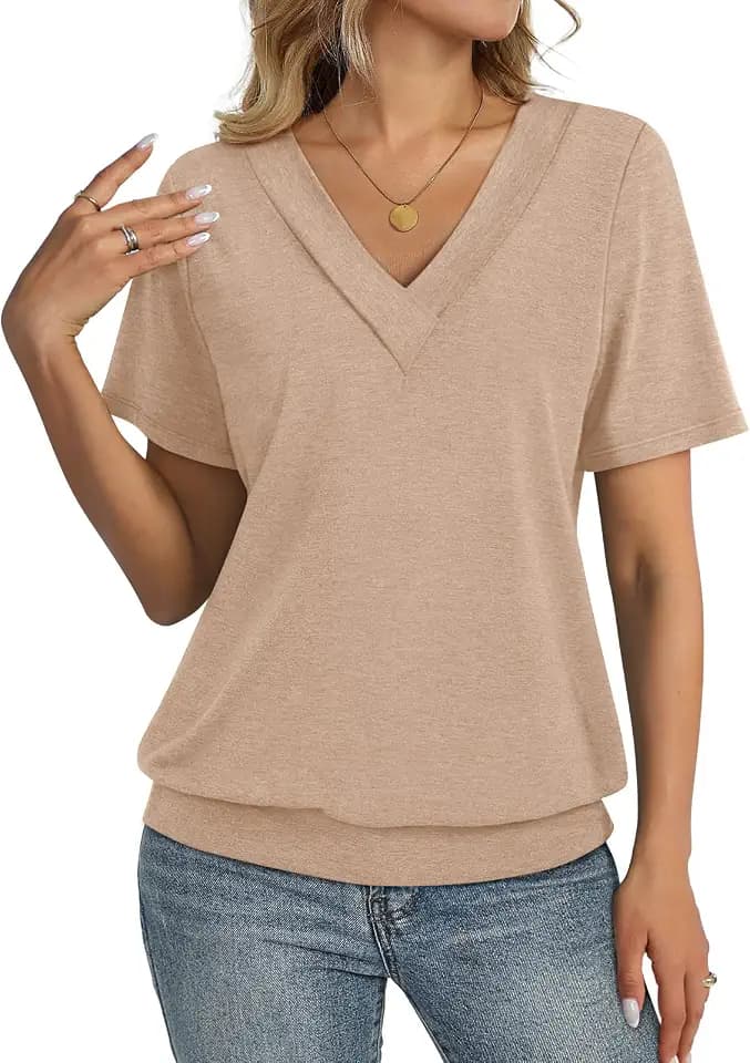 TICTICMISS Womens Short Sleeve Tops Banded Bottom V Neck Summer T Shirts