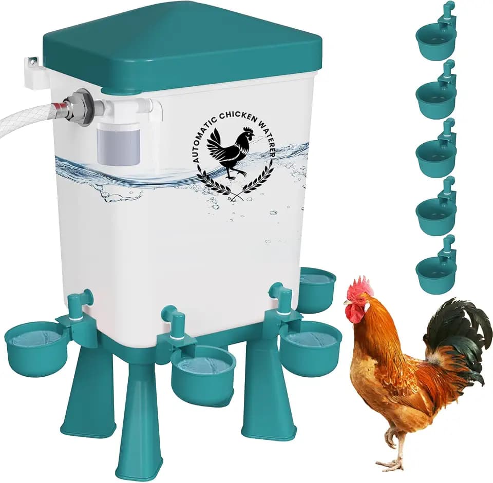 Chicken Waterer, 3 Gallons Automatic Chicken Waterers with 5ft Pipe, Float Controlled Automatic Poultry Water Feeder, 5 Chicken Waterer Cups (Blue, 3 Gallons)