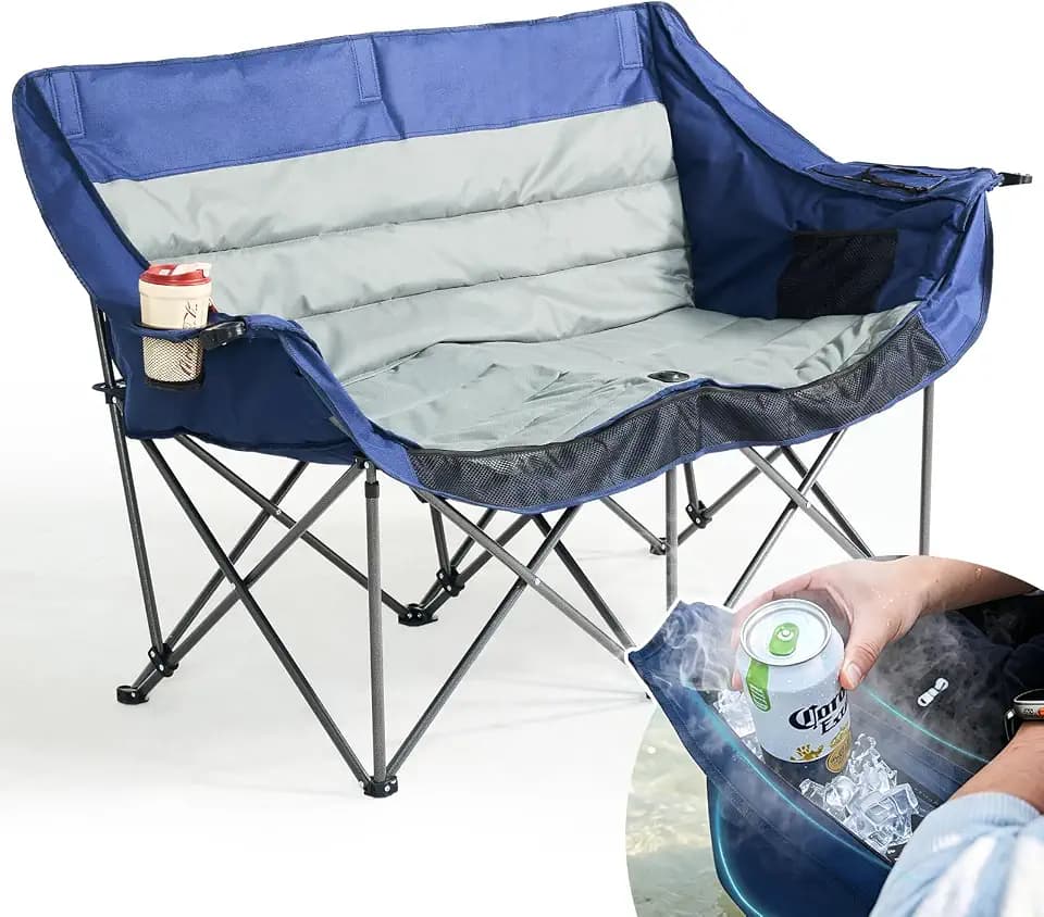 Oversized Double Duo Camping Chair Quad Folding Camping Loveseat Camping Couch, 2-Person Heavy Duty Lawn Chairs for Outside with Cup Hold- Supports 550 LBS Blue