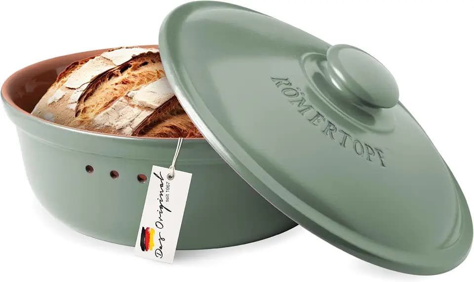 Römertopf Brottopf rund 4,5 L Brotkasten Keramik mit Deckel, Grün
