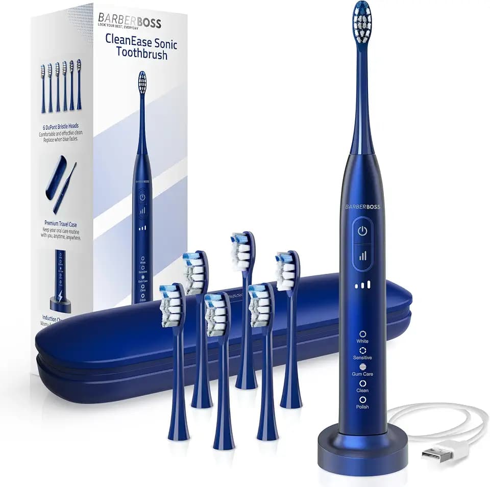 BarberBoss Schallzahnbürste für Erwachsene, Wiederaufladbare Elektrische Zahnbürste mit 5 Reinigungsmodi, 3 Intensitätsstufen, Smart Drucksensor (Navy)