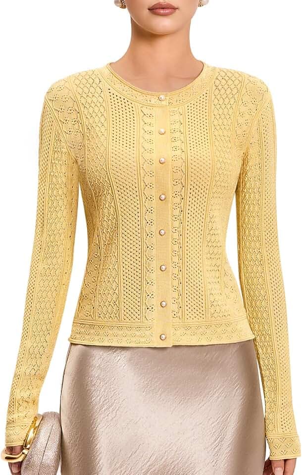 FAIRY SEASON Women's Crochet Cropped Cardigan Sweater with Pearl Buttons