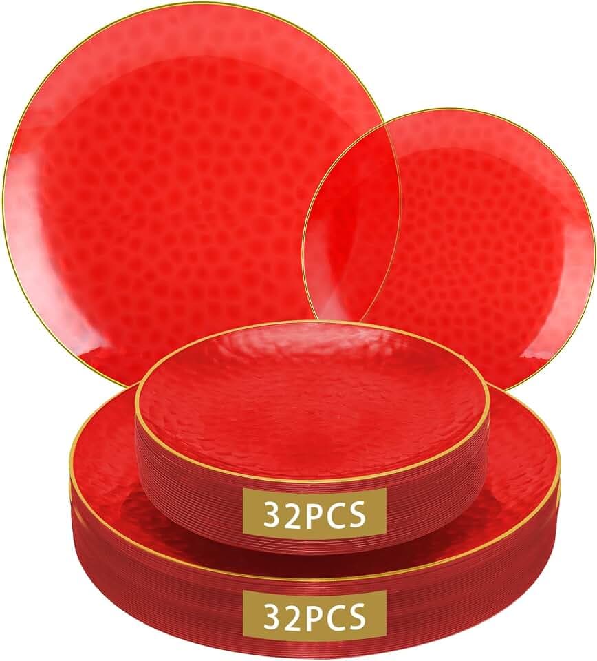 64 Pcs Red Plasitc Plates for Patriotic Day, 32 Guests Clear Red Plates with Gold Rim, Hammered Plastic plate for 4th of July, Baby Shower Wedding