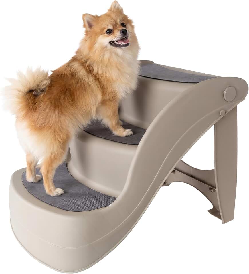 Pet Stairs - Durable Dog Stairs for Small Dogs with 3-Step Design and Safety Locking Pins - Cat or Dog Steps for Home and Vehicle by PETMAKER (Tan)