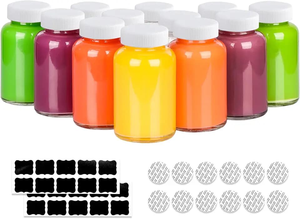 HINGWAH 12 Pack 4oz Glass Shot Bottles with Caps, 120ml Juice Shot Bottles