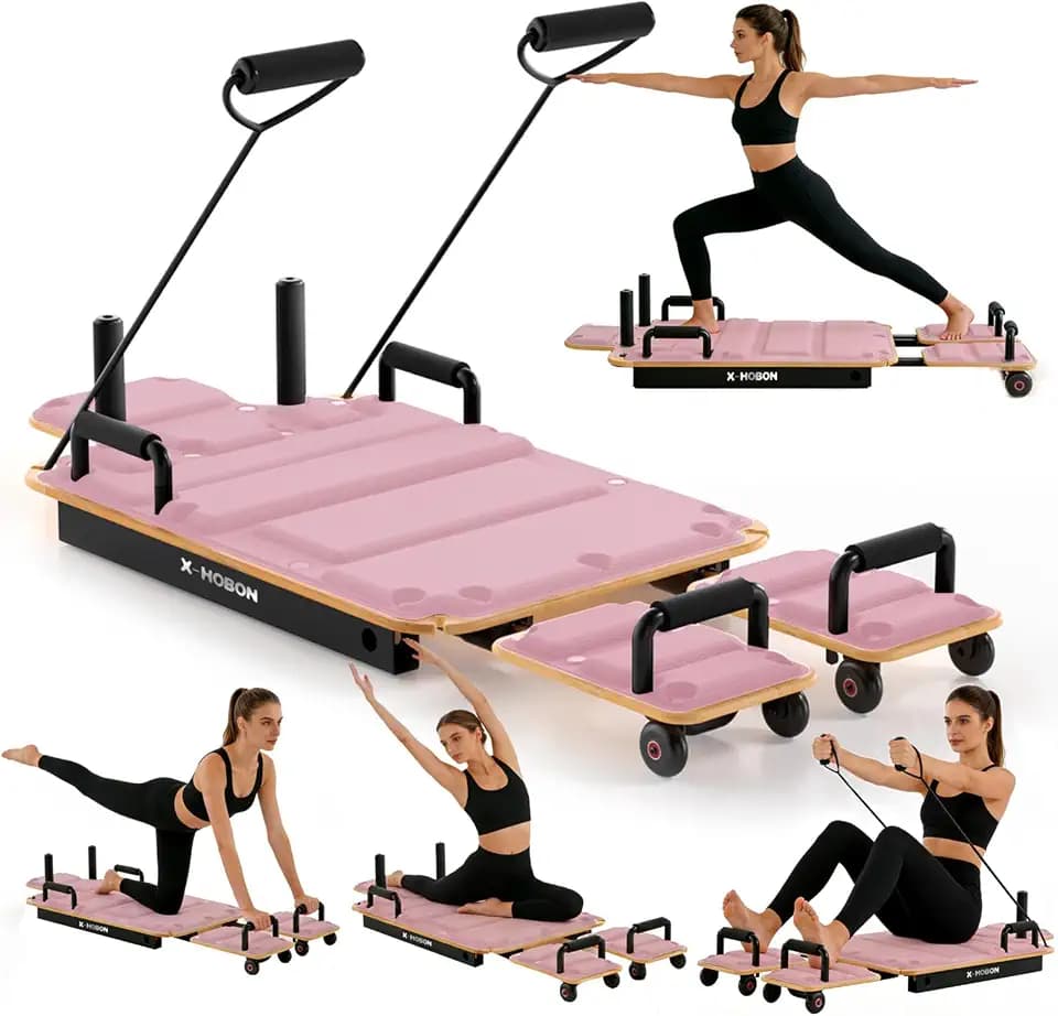 Pilates Board Reformer for Home Workout, Reformer Board, Glide Board, Sliding Rails, Maple Wood Deck & High-Strength Steel Rails, Adjustable Resistance Bands, PU Wheels, Quick Assembly
