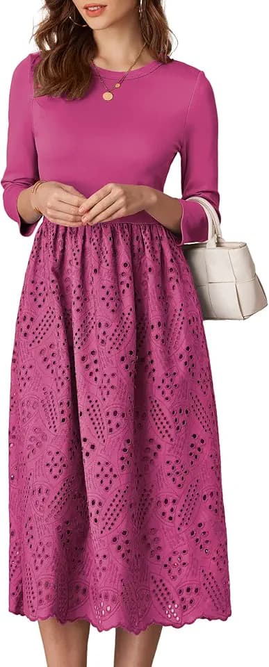 GRACE KARIN Damen Kleid Rundhalsausschnitt Freizeitkleid 3/4-Ärmel A-Linien-Kleid Ausgehöhltes Midikleid Elegantes Einfarbiges Kleid mit Hoher Taille und Taschen Kleider für Hochzeitsgäste