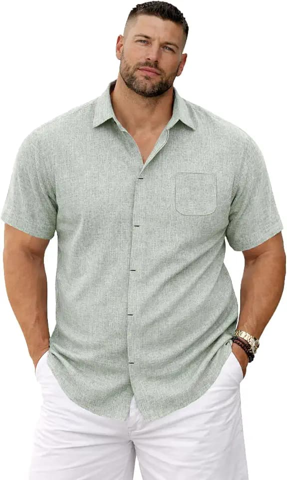 Weecreeture Mens Big & Tall Linen Short Sleeve Button Up Shirt, Hidden Placket, Breathable Casual Beach Resort Summer
