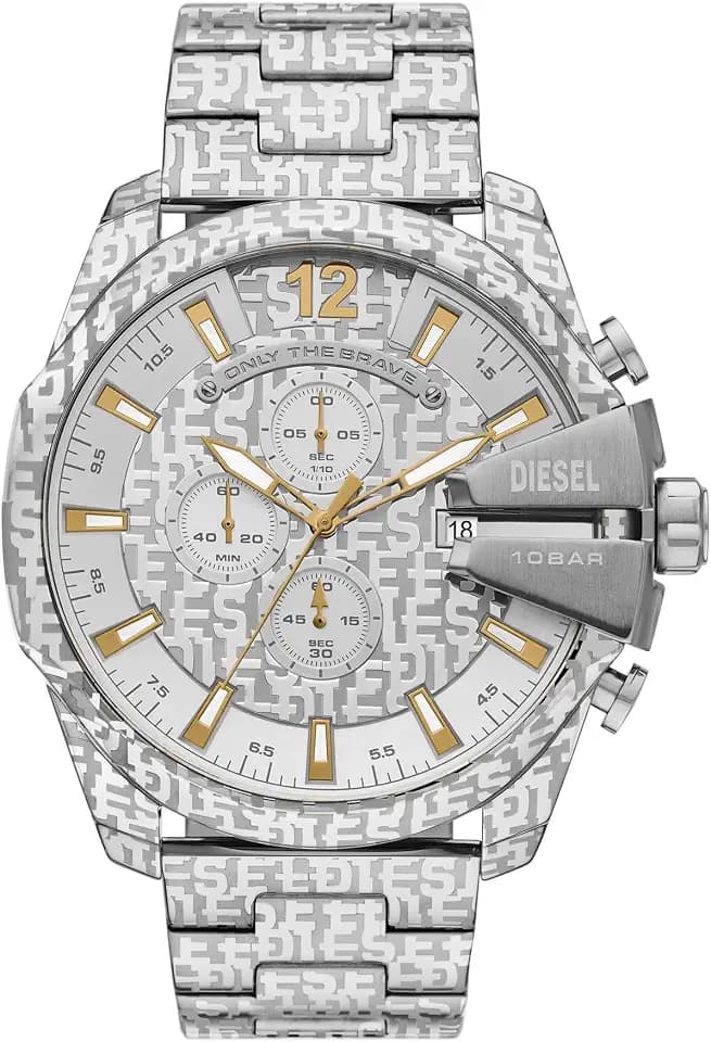 Diesel Mega Chief Watch for Men, Stainless Steel Chronograph Men's Watch, Color: Silver