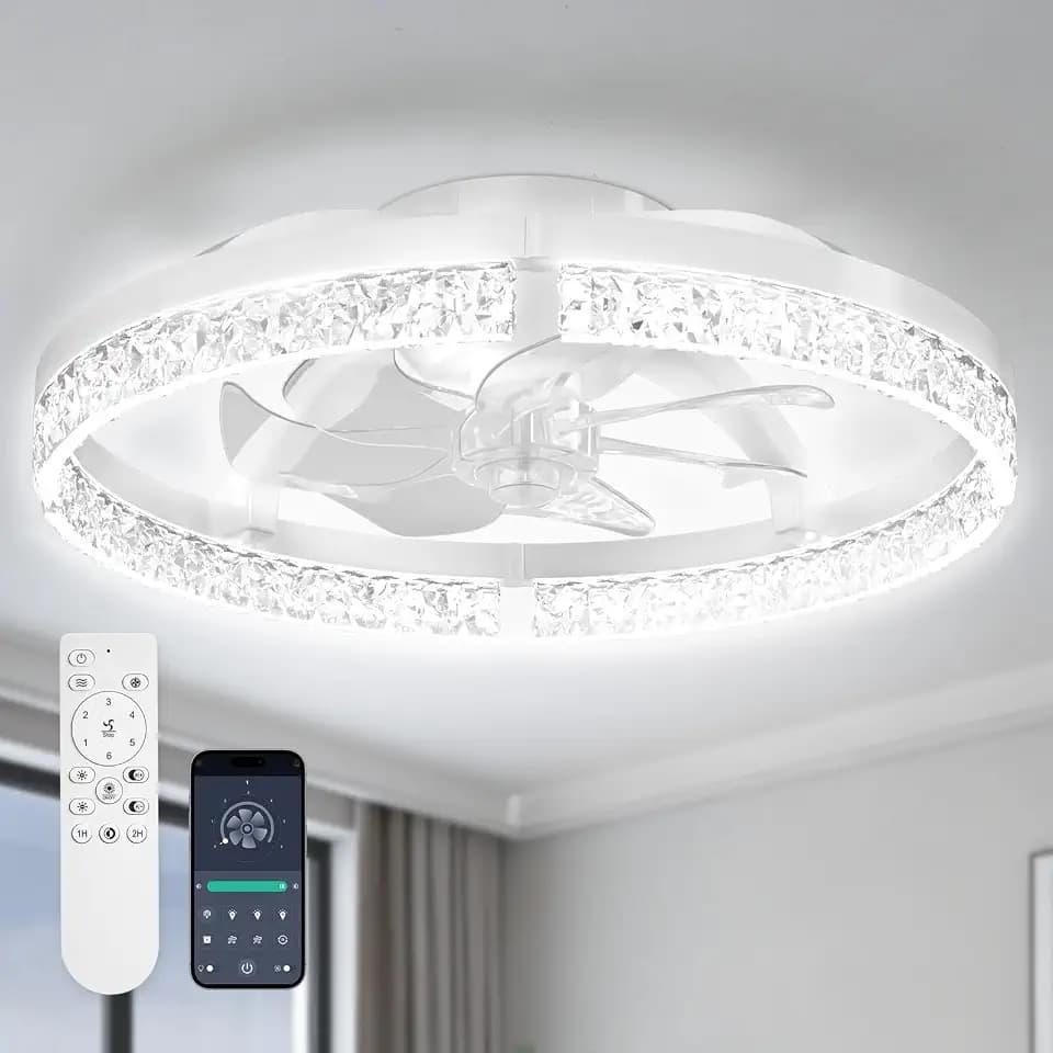 StarryEver 20" Modern Ceiling Fans with Lights, 3000-6500K Dimmable Flush Mount LED Fan Light with Remote and 6 Speeds Fan, Low Profile Ceiling Fans for Bedroom, Living Room, Kids, Kitchen, White