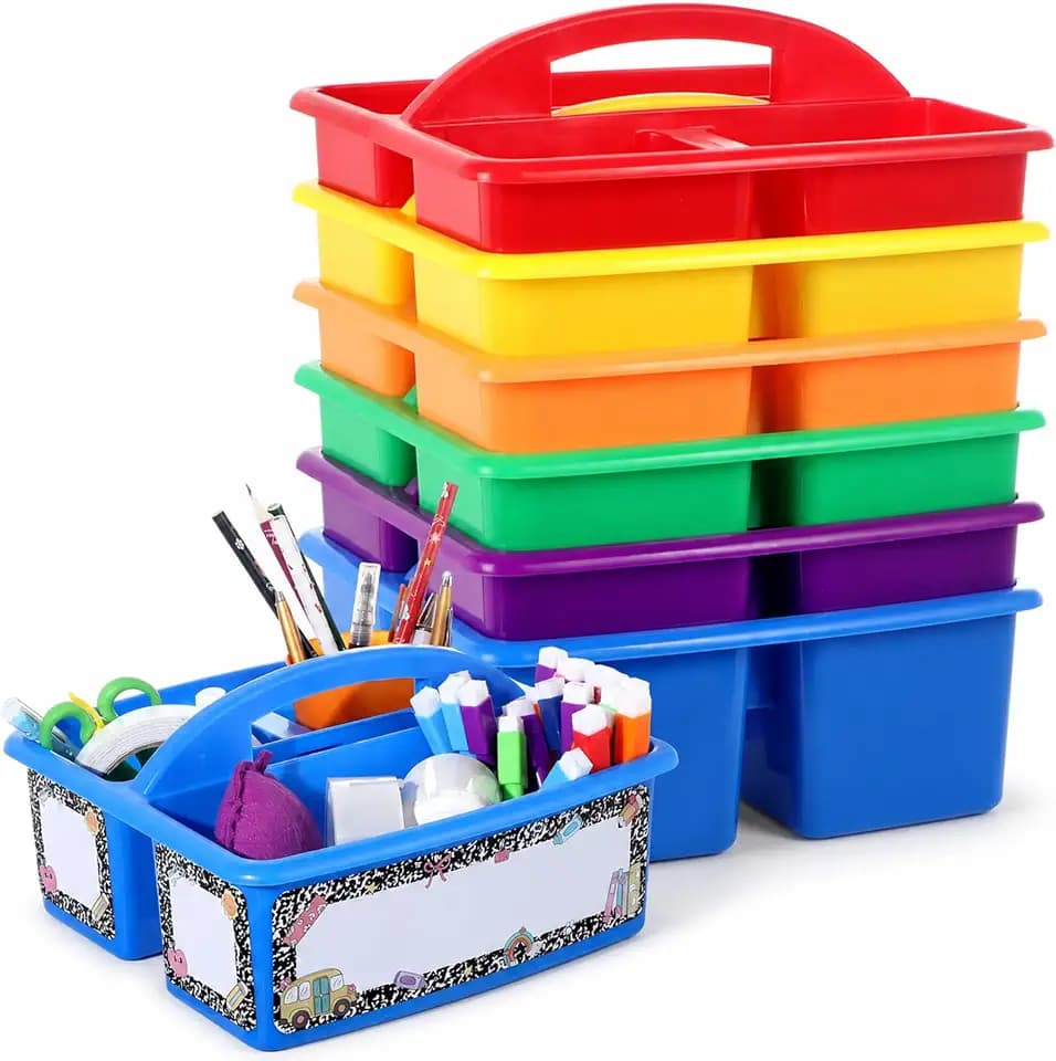 6 Pack Large Colorful Classroom Caddy Organizer with Composition Notebook Label Stickers 3 Compartments Teacher Supply Storage Caddy Table Caddies Holder for Classroom Desk Craft Art School Supplies