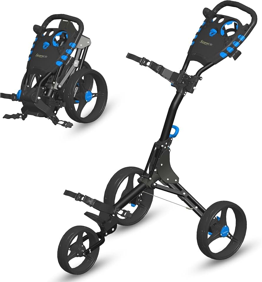SereneLife 3-Wheel Golf Push Cart, Quick-Fold, Adjustable Handle